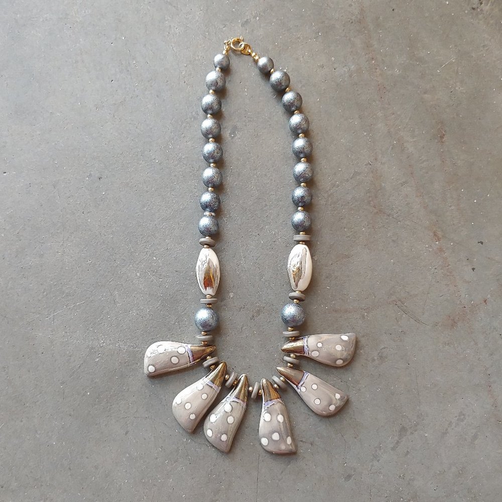 Vintage 70s Blue and Gray Porcelain Bib Statement Necklace Made in Japan